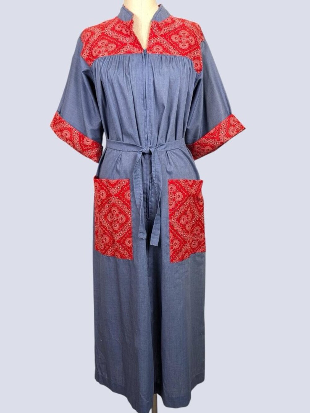 Vintage Smart Time Bandana Print House Dress with Sash